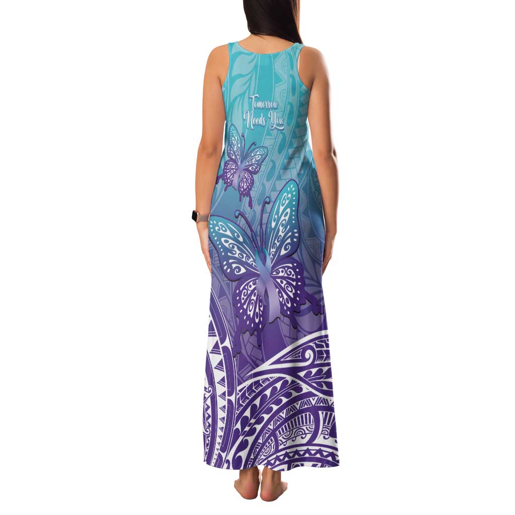 Polynesia Suicide Prevention Month Family Matching Tank Maxi Dress and Hawaiian Shirt Butterfly Purple And Teal Ribbon Tomorrow Needs You