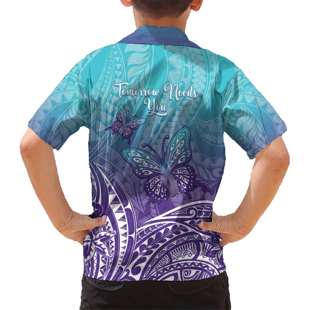 Polynesia Suicide Prevention Month Kid Hawaiian Shirt Butterfly Purple And Teal Ribbon Tomorrow Needs You LT14 - Polynesian Pride