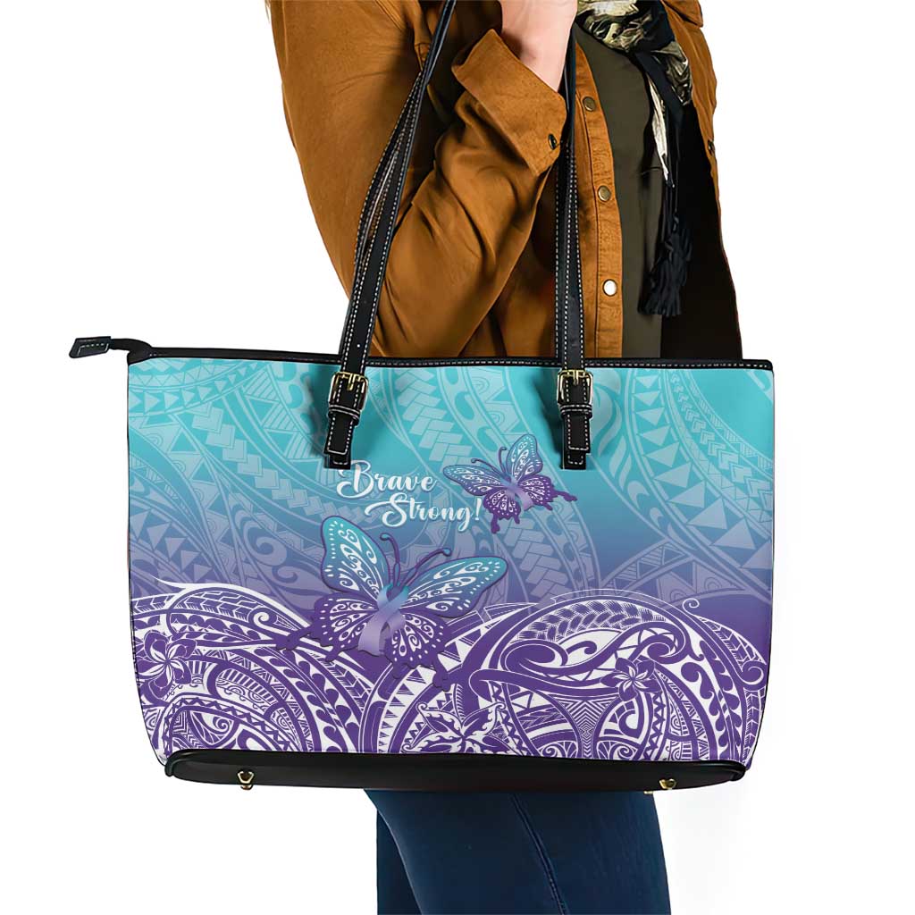 Polynesia Suicide Prevention Month Leather Tote Bag Butterfly Purple And Teal Ribbon Tomorrow Needs You