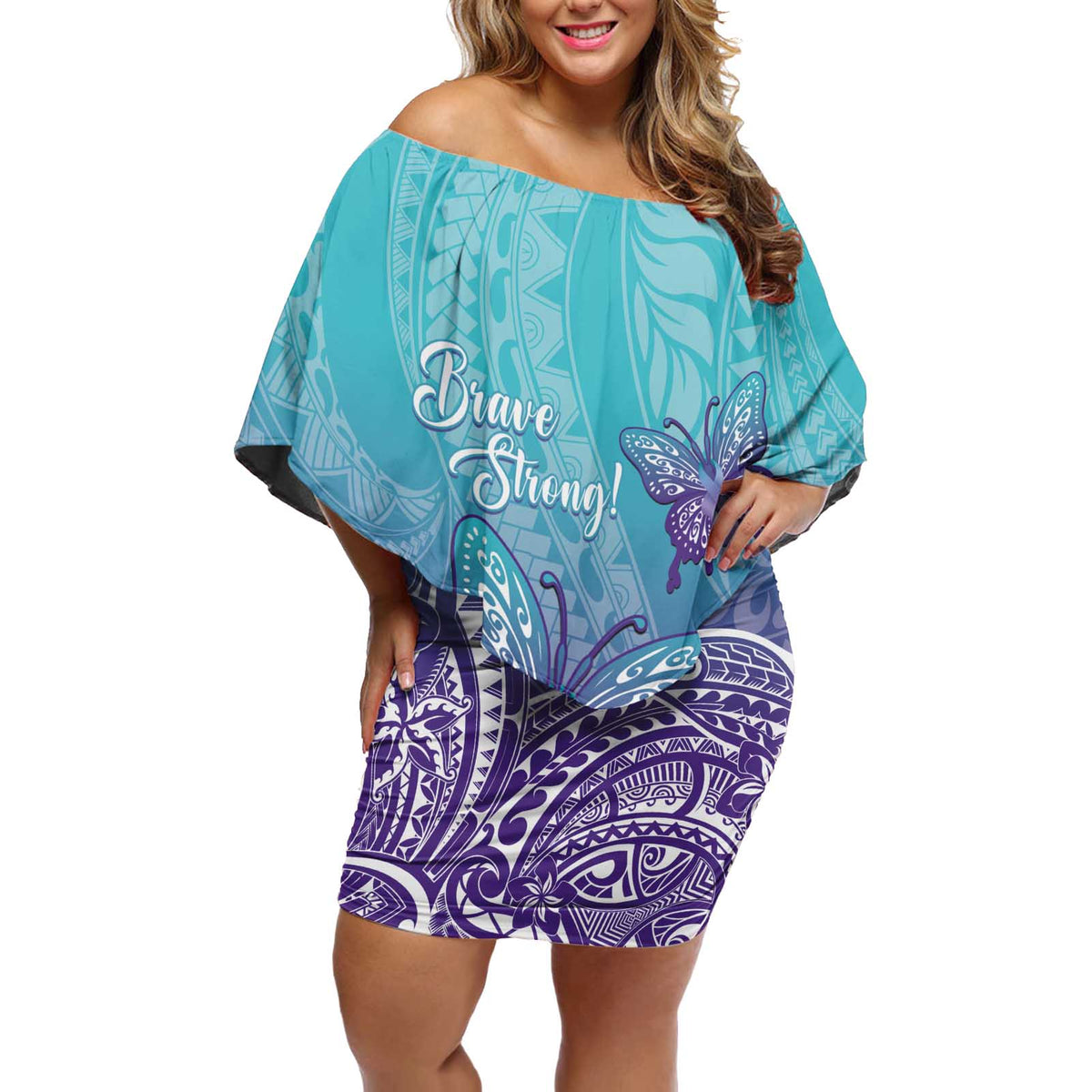 Polynesia Suicide Prevention Month Off Shoulder Short Dress Butterfly Purple And Teal Ribbon Tomorrow Needs You LT14 Women Teal - Polynesian Pride