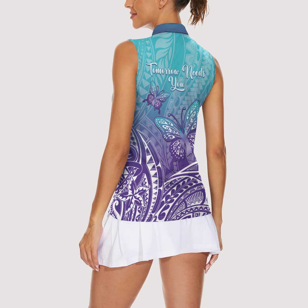 Polynesia Suicide Prevention Month Women Sleeveless Polo Shirt Butterfly Purple And Teal Ribbon Tomorrow Needs You