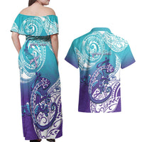 Personalised New Zealand Suicide Prevention Month Couples Matching Off Shoulder Maxi Dress and Hawaiian Shirt You Matter NZ Fern With Maori Koru Lizard
