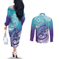 Personalised New Zealand Suicide Prevention Month Couples Matching Off The Shoulder Long Sleeve Dress and Long Sleeve Button Shirt You Matter NZ Fern With Maori Koru Lizard