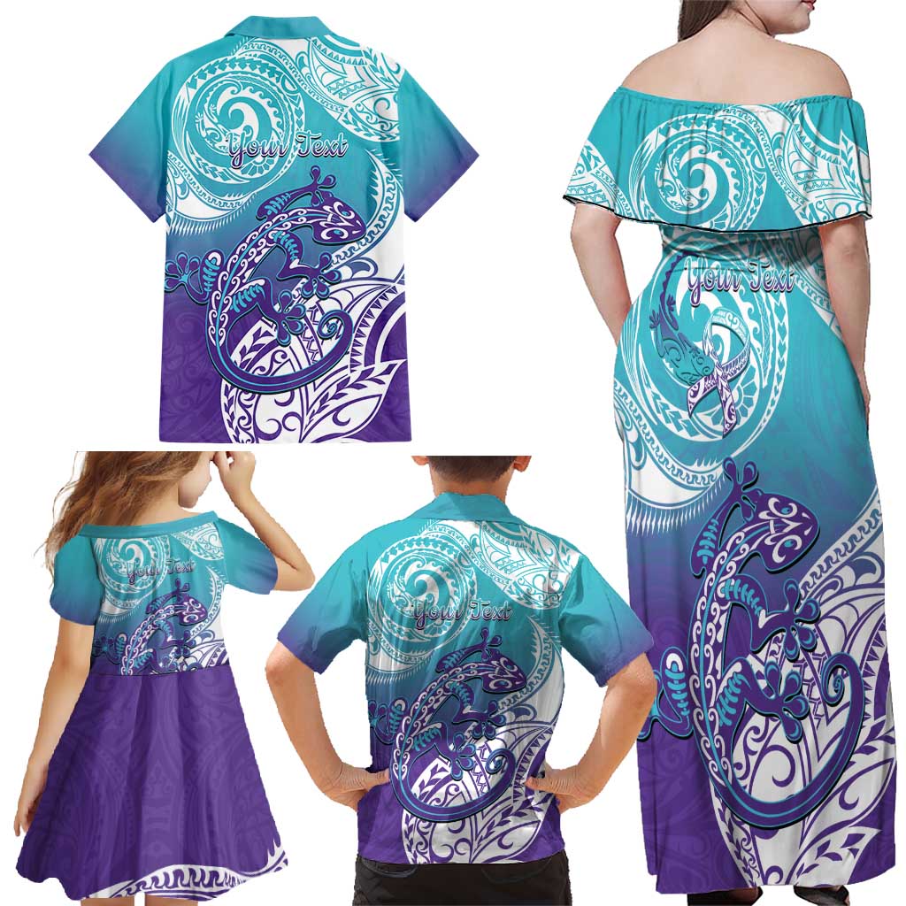 Personalised New Zealand Suicide Prevention Month Family Matching Off Shoulder Maxi Dress and Hawaiian Shirt You Matter NZ Fern With Maori Koru Lizard