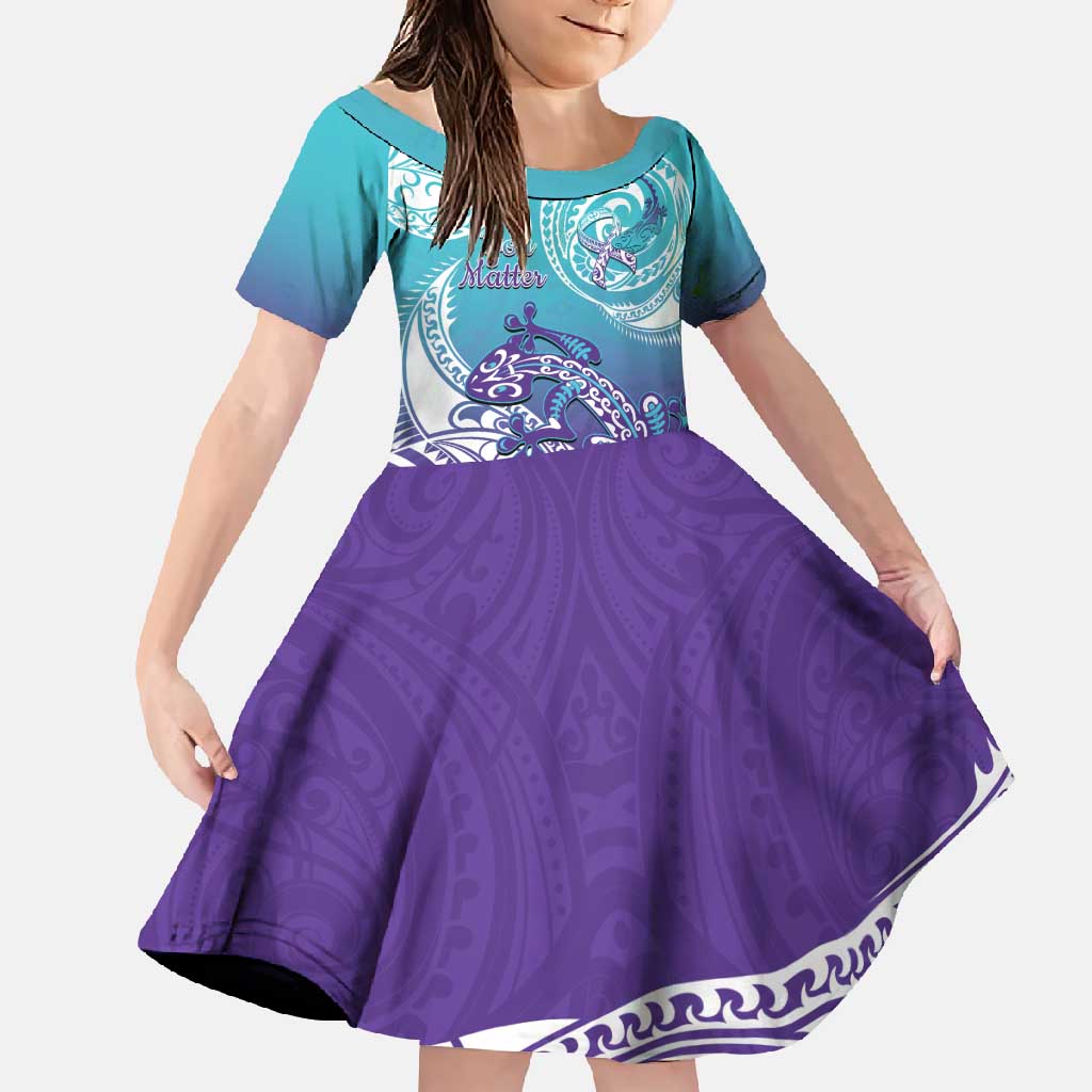 Personalised New Zealand Suicide Prevention Month Family Matching Tank Maxi Dress and Hawaiian Shirt You Matter NZ Fern With Maori Koru Lizard LT14 Daughter's Dress Teal - Polynesian Pride