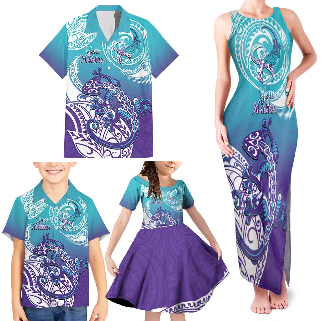 Personalised New Zealand Suicide Prevention Month Family Matching Tank Maxi Dress and Hawaiian Shirt You Matter NZ Fern With Maori Koru Lizard LT14 - Polynesian Pride