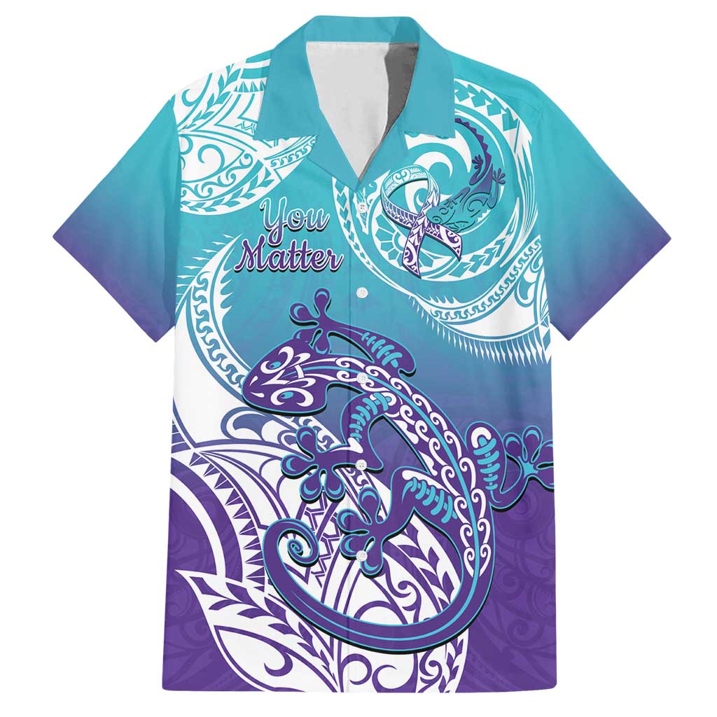 Personalised New Zealand Suicide Prevention Month Family Matching Tank Maxi Dress and Hawaiian Shirt You Matter NZ Fern With Maori Koru Lizard LT14 Dad's Shirt - Short Sleeve Teal - Polynesian Pride