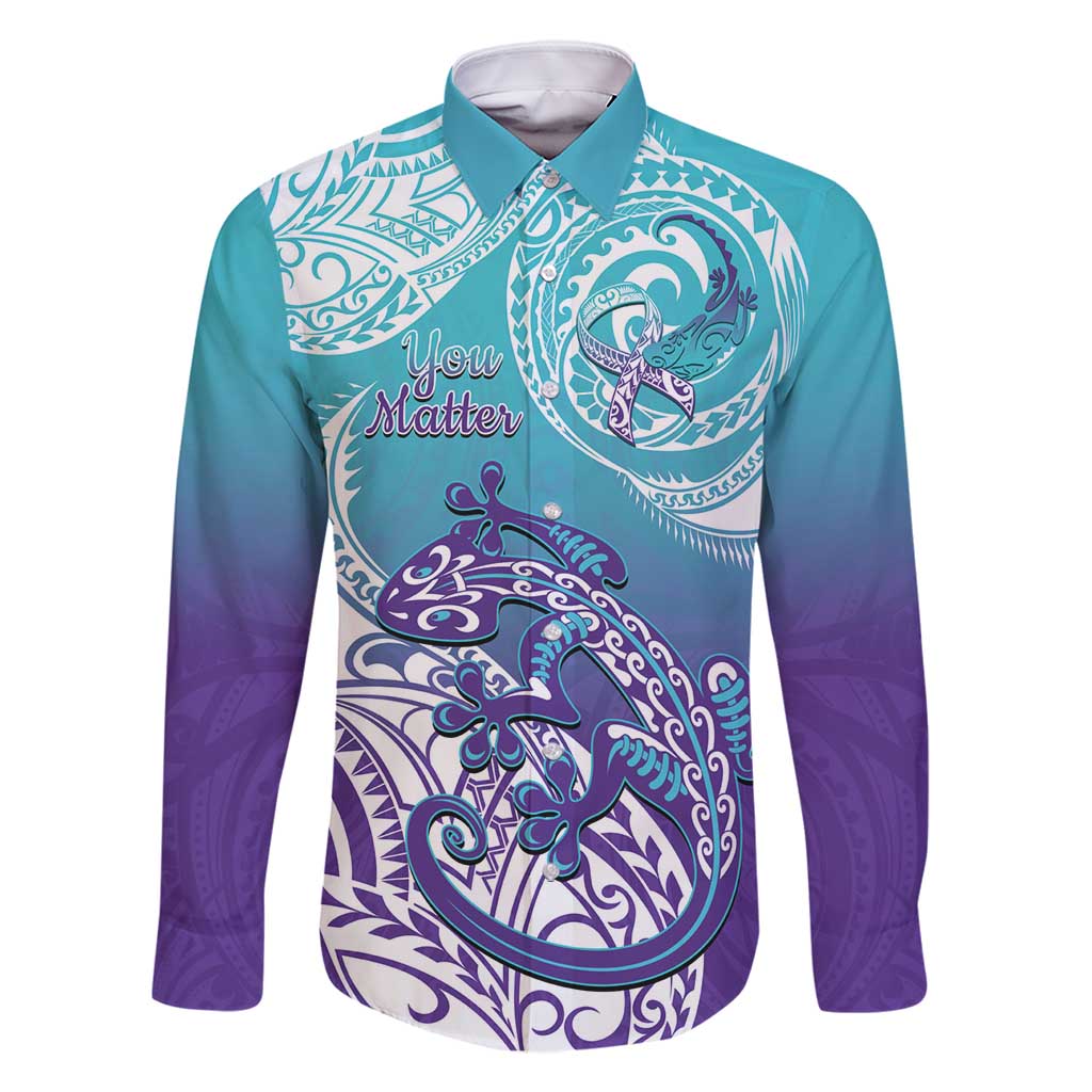 Personalised New Zealand Suicide Prevention Month Family Matching Tank Maxi Dress and Hawaiian Shirt You Matter NZ Fern With Maori Koru Lizard LT14 Dad's Shirt - Long Sleeve Teal - Polynesian Pride