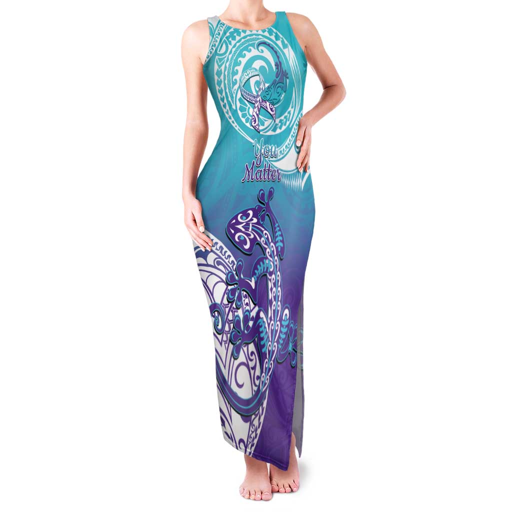 Personalised New Zealand Suicide Prevention Month Family Matching Tank Maxi Dress and Hawaiian Shirt You Matter NZ Fern With Maori Koru Lizard LT14 Mom's Dress Teal - Polynesian Pride