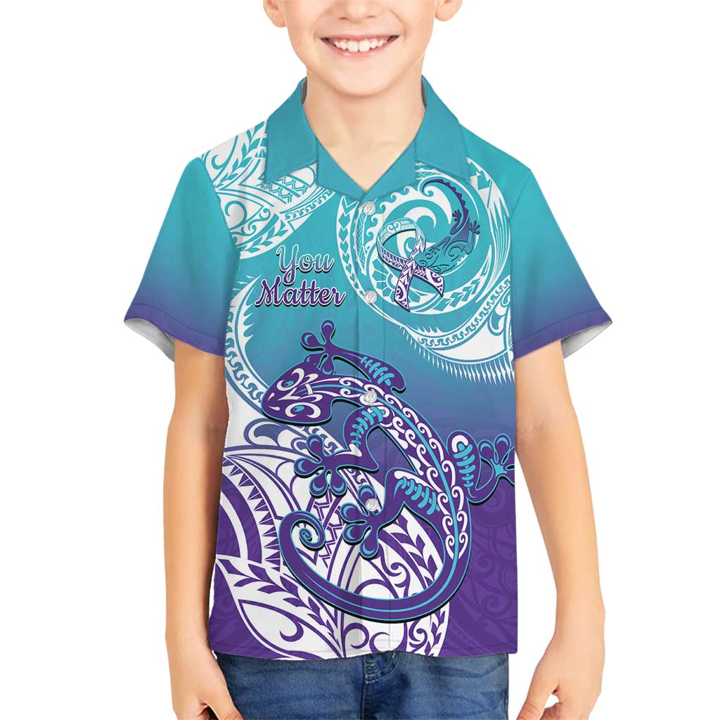 Personalised New Zealand Suicide Prevention Month Family Matching Tank Maxi Dress and Hawaiian Shirt You Matter NZ Fern With Maori Koru Lizard LT14 Son's Shirt Teal - Polynesian Pride