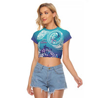 Personalised New Zealand Suicide Prevention Month Raglan Cropped T Shirt You Matter NZ Fern With Maori Koru Lizard LT14 Female Teal - Polynesian Pride