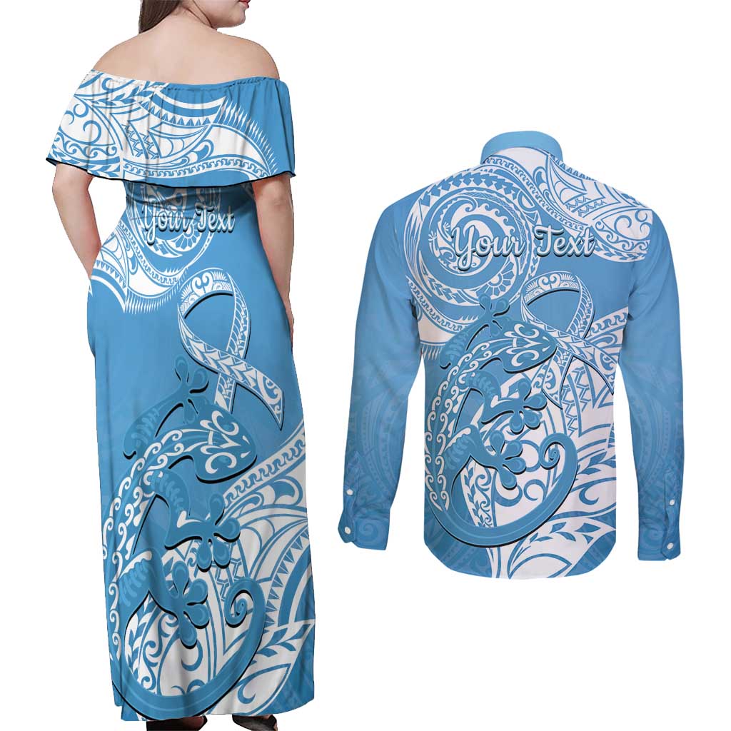 Personalised New Zealand Autism Awareness Couples Matching Off Shoulder Maxi Dress and Long Sleeve Button Shirt NZ Fern With Maori Koru Lizard