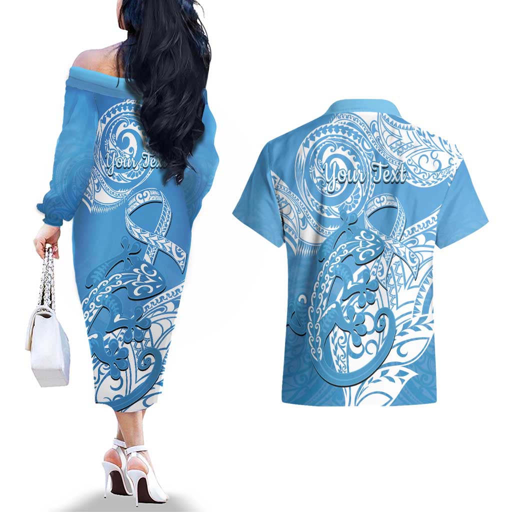Personalised New Zealand Autism Awareness Couples Matching Off The Shoulder Long Sleeve Dress and Hawaiian Shirt NZ Fern With Maori Koru Lizard