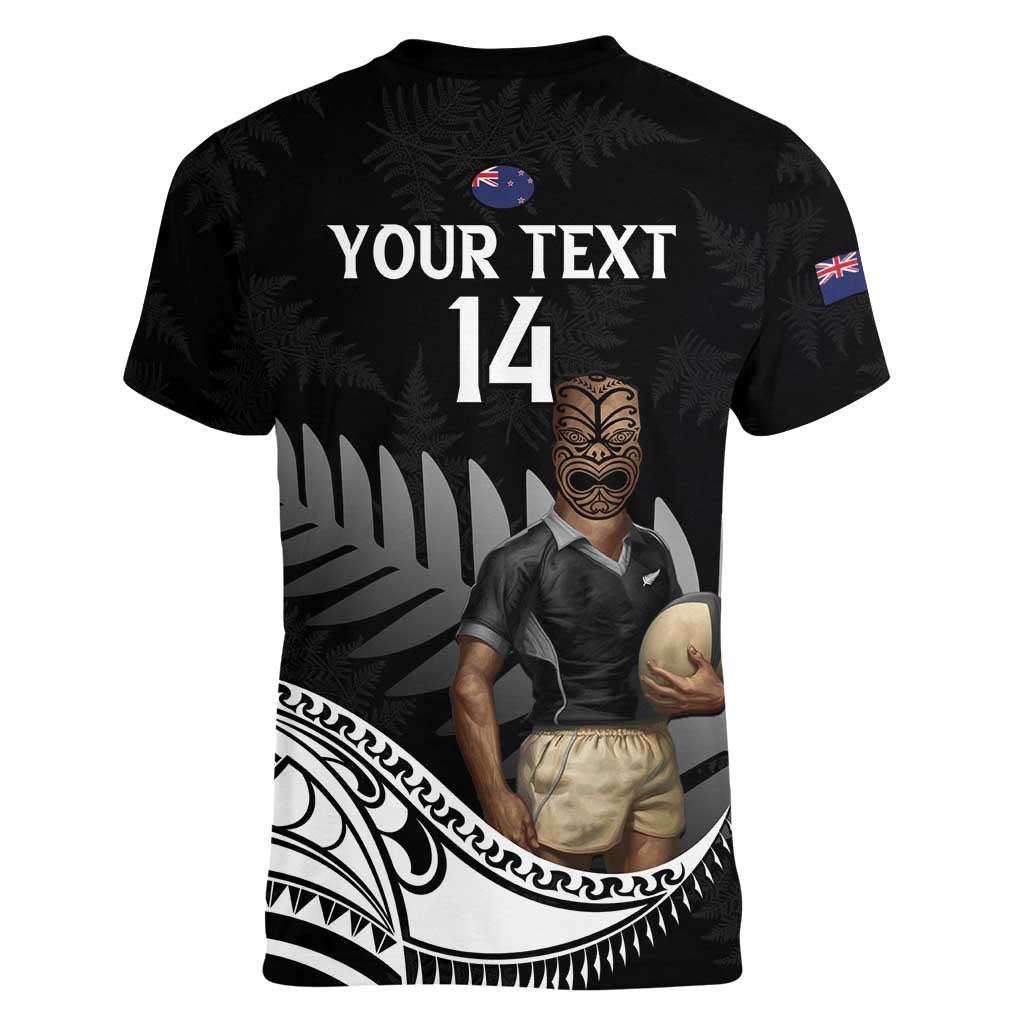Custom New Zealand Silver Fern Rugby Women V-Neck T-Shirt 2024 Aotearoa Maori Mascot Go All Black