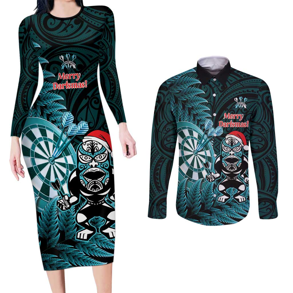 Personalised New Zealand Darts Christmas Couples Matching Long Sleeve Bodycon Dress and Long Sleeve Button Shirt Maori Fern Merry Dartsmas - Polynesian Pride