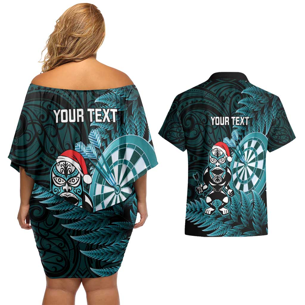 Personalised New Zealand Darts Christmas Couples Matching Off Shoulder Short Dress and Hawaiian Shirt Maori Fern Merry Dartsmas - Polynesian Pride