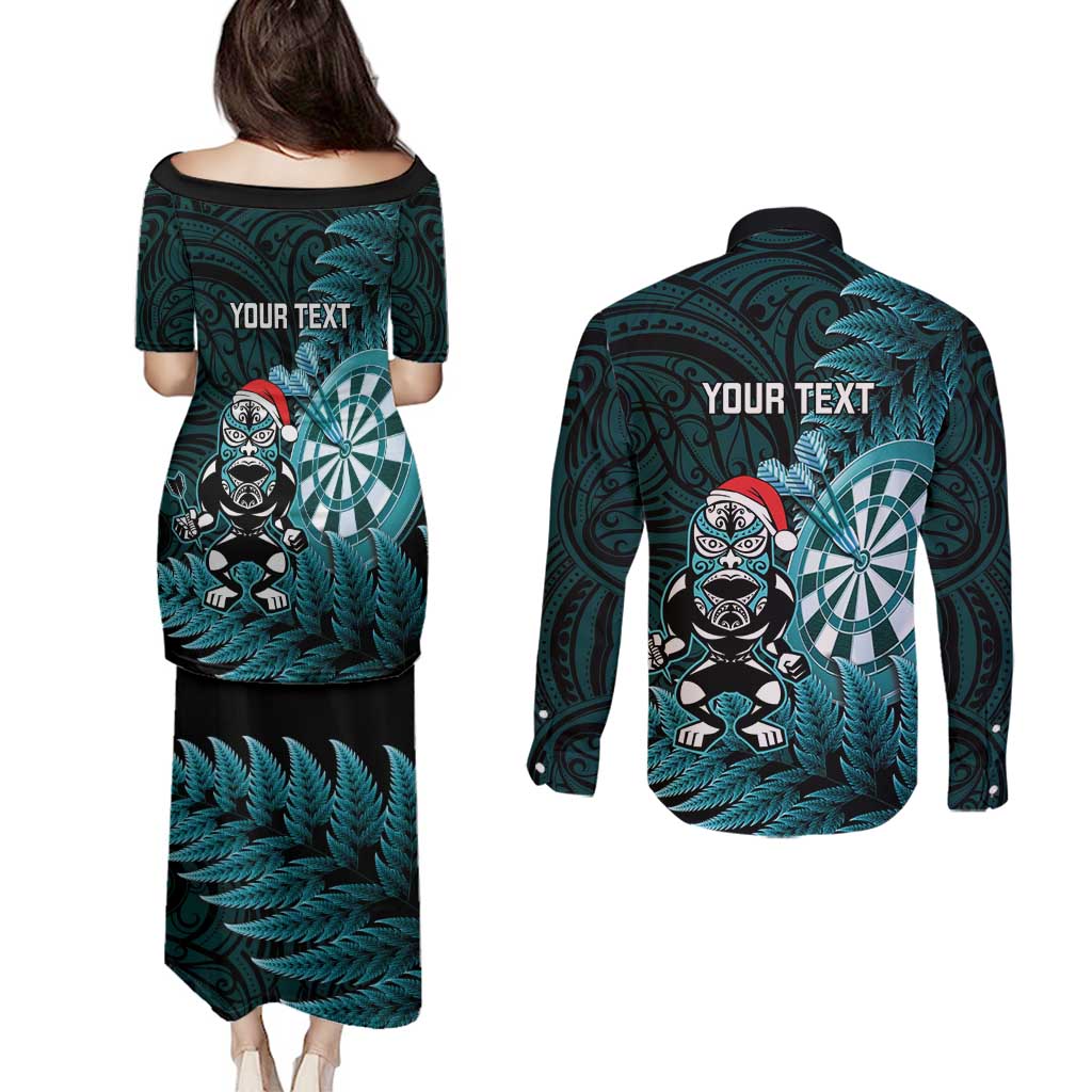 Personalised New Zealand Darts Christmas Couples Matching Puletasi and Long Sleeve Button Shirt Maori Fern Merry Dartsmas - Polynesian Pride