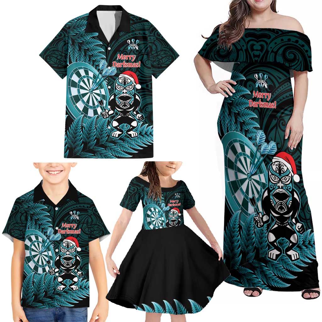Personalised New Zealand Darts Christmas Family Matching Off Shoulder Maxi Dress and Hawaiian Shirt Maori Fern Merry Dartsmas - Polynesian Pride