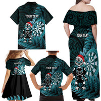Personalised New Zealand Darts Christmas Family Matching Off Shoulder Maxi Dress and Hawaiian Shirt Maori Fern Merry Dartsmas - Polynesian Pride