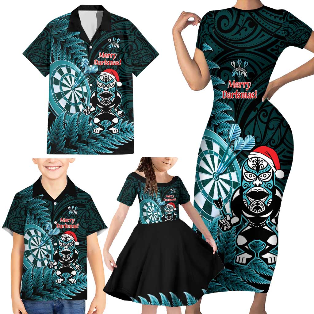 Personalised New Zealand Darts Christmas Family Matching Short Sleeve Bodycon Dress and Hawaiian Shirt Maori Fern Merry Dartsmas - Polynesian Pride
