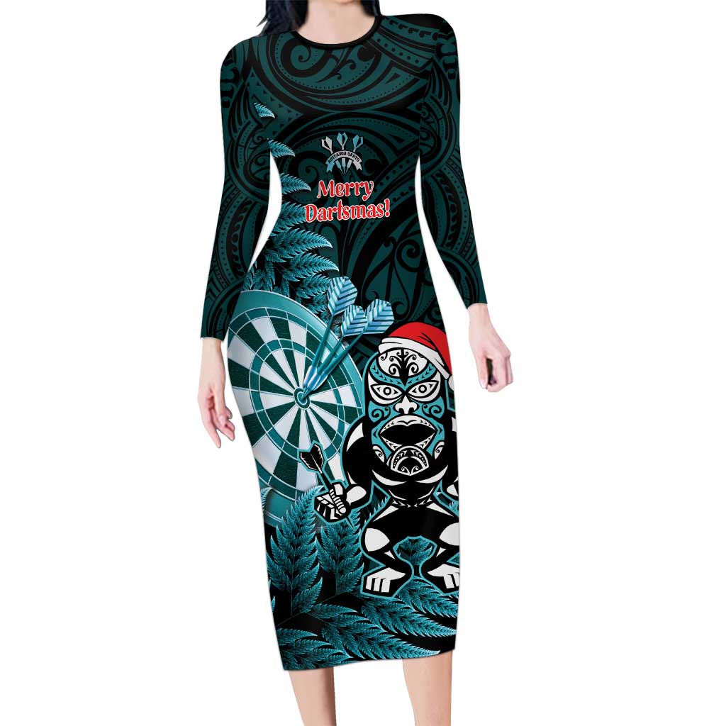 Personalised New Zealand Darts Christmas Long Sleeve Bodycon Dress Maori Fern Merry Dartsmas - Polynesian Pride