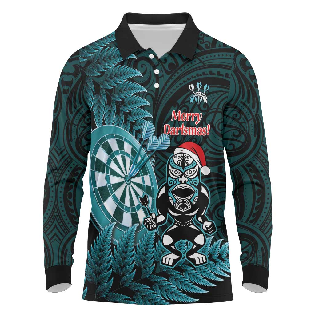 Personalised New Zealand Darts Christmas Long Sleeve Polo Shirt Maori Fern Merry Dartsmas - Polynesian Pride