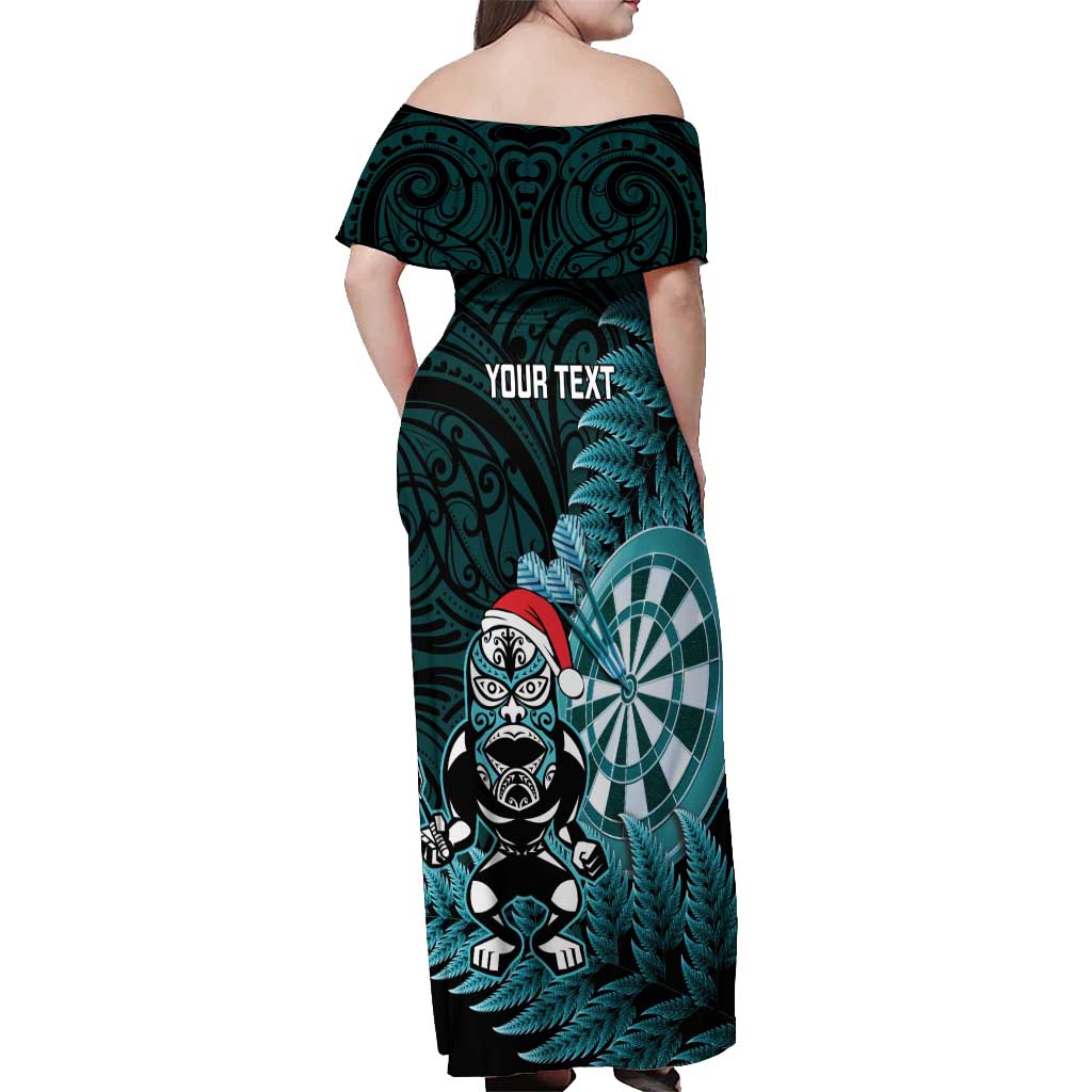 Personalised New Zealand Darts Christmas Off Shoulder Maxi Dress Maori Fern Merry Dartsmas - Polynesian Pride