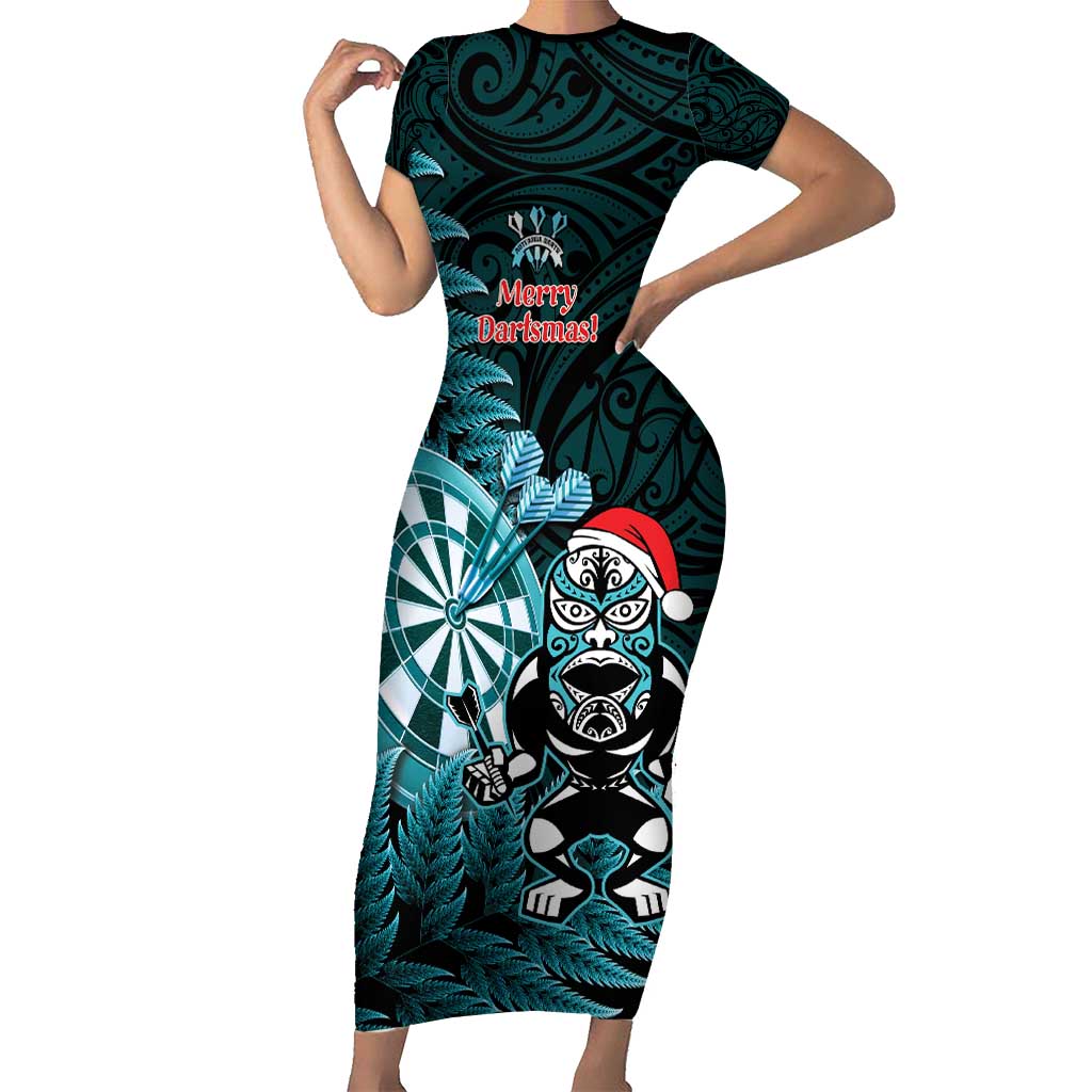 Personalised New Zealand Darts Christmas Short Sleeve Bodycon Dress Maori Fern Merry Dartsmas - Polynesian Pride