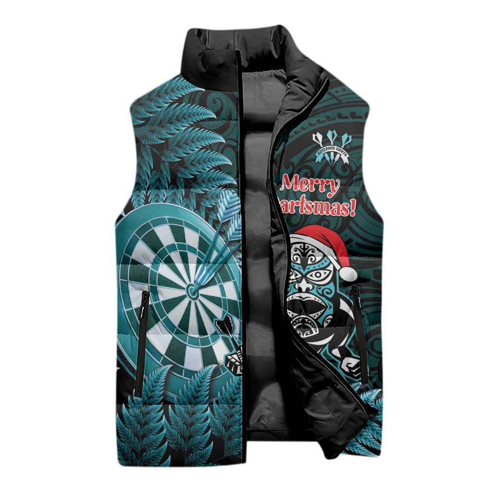 Personalised New Zealand Darts Christmas Sleeveless Puffer Jacket Maori Fern Merry Dartsmas - Polynesian Pride