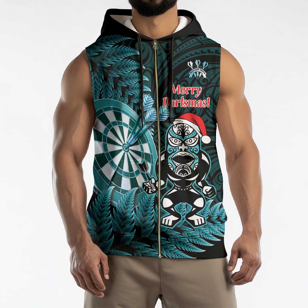 Personalised New Zealand Darts Christmas Sleeveless Zip Hoodie Maori Fern Merry Dartsmas - Polynesian Pride