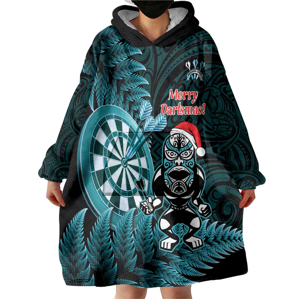 Personalised New Zealand Darts Christmas Wearable Blanket Hoodie Maori Fern Merry Dartsmas - Polynesian Pride