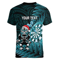 Personalised New Zealand Darts Christmas Women V-Neck T-Shirt Maori Fern Merry Dartsmas - Polynesian Pride
