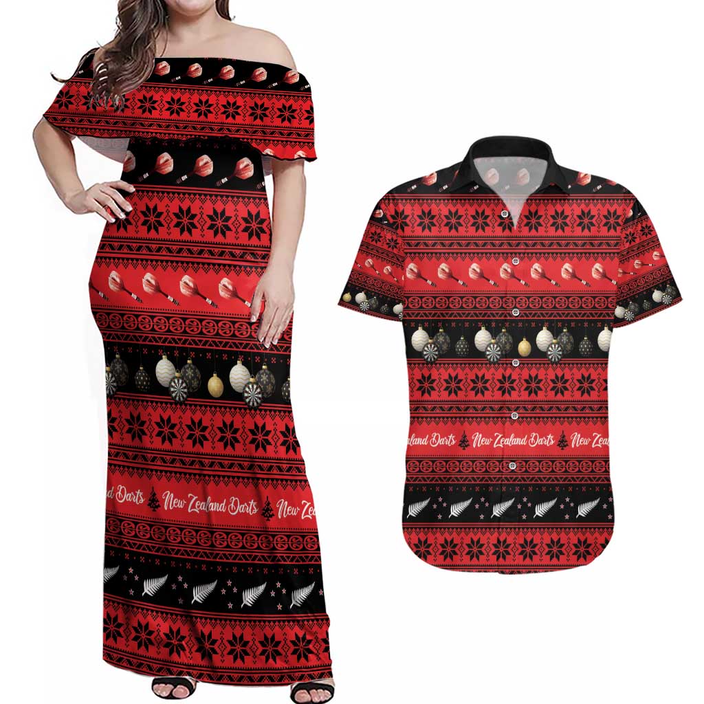 New Zealand Darts Christmas Couples Matching Off Shoulder Maxi Dress and Hawaiian Shirt Merry Xmas Aotearoa Maori Red - Polynesian Pride