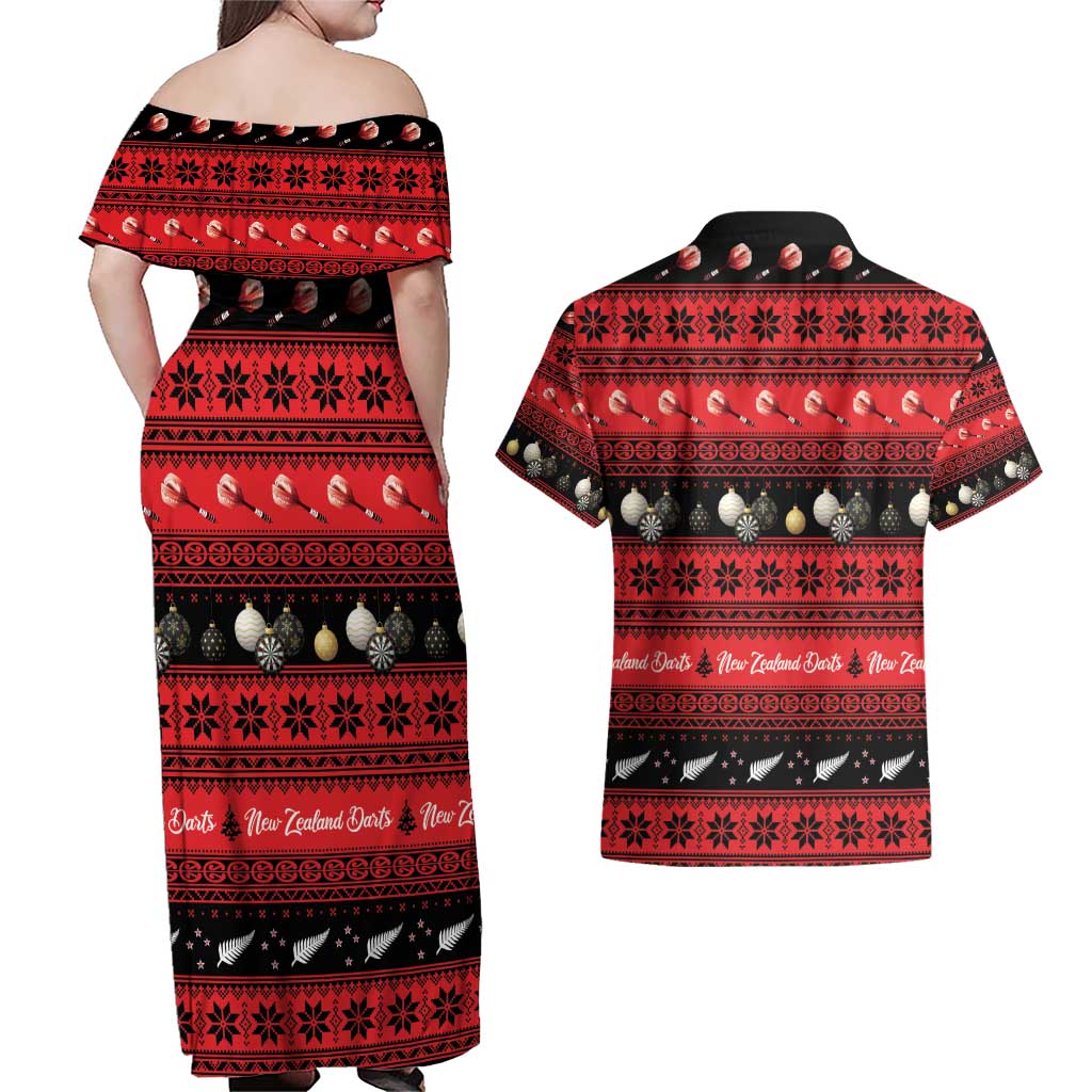New Zealand Darts Christmas Couples Matching Off Shoulder Maxi Dress and Hawaiian Shirt Merry Xmas Aotearoa Maori Red - Polynesian Pride