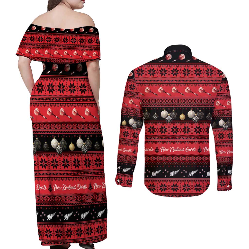 New Zealand Darts Christmas Couples Matching Off Shoulder Maxi Dress and Long Sleeve Button Shirt Merry Xmas Aotearoa Maori Red - Polynesian Pride