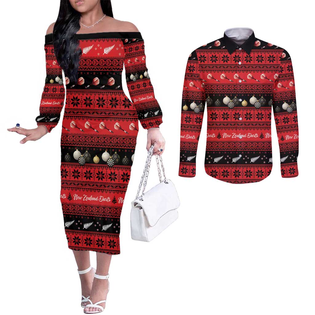 New Zealand Darts Christmas Couples Matching Off The Shoulder Long Sleeve Dress and Long Sleeve Button Shirt Merry Xmas Aotearoa Maori Red - Polynesian Pride