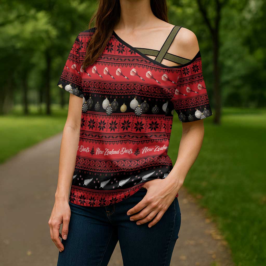 New Zealand Darts Christmas Cross Shoulder Shirt Merry Xmas Aotearoa Maori Red - Polynesian Pride