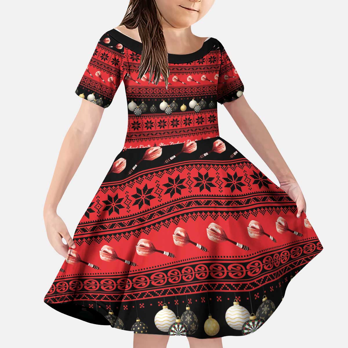 New Zealand Darts Christmas Kid Short Sleeve Dress Merry Xmas Aotearoa Maori Red - Polynesian Pride