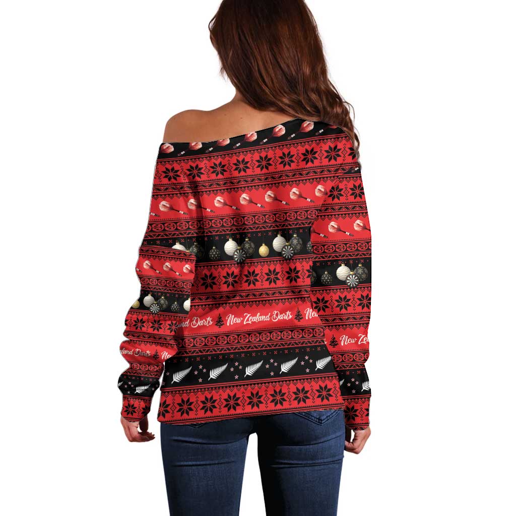 New Zealand Darts Christmas Off Shoulder Sweater Merry Xmas Aotearoa Maori Red - Polynesian Pride