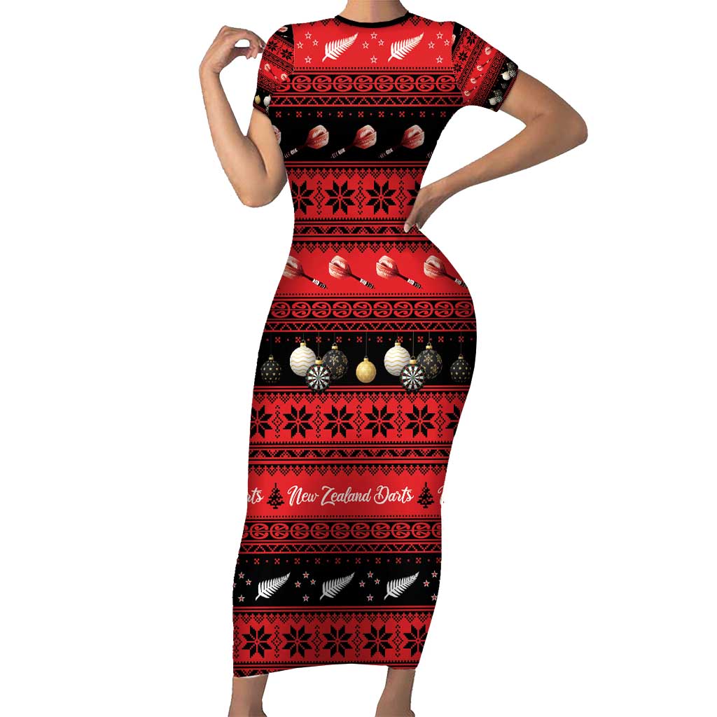 New Zealand Darts Christmas Short Sleeve Bodycon Dress Merry Xmas Aotearoa Maori Red - Polynesian Pride