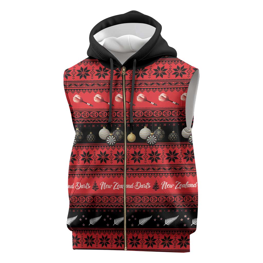 New Zealand Darts Christmas Sleeveless Zip Hoodie Merry Xmas Aotearoa Maori Red - Polynesian Pride