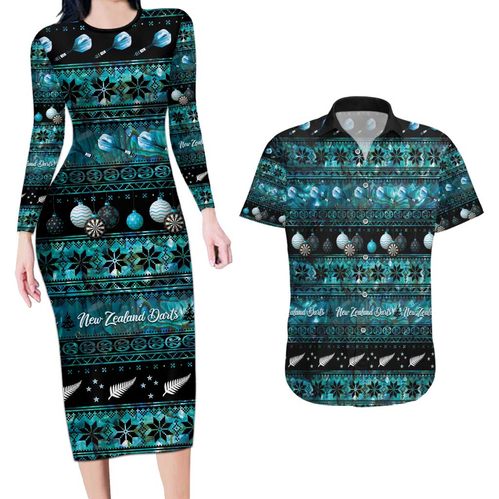 New Zealand Darts Christmas Couples Matching Long Sleeve Bodycon Dress and Hawaiian Shirt Merry Xmas Aotearoa Maori Paua Shell - Polynesian Pride