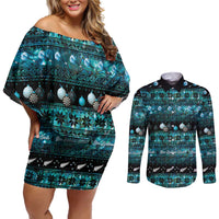 New Zealand Darts Christmas Couples Matching Off Shoulder Short Dress and Long Sleeve Button Shirt Merry Xmas Aotearoa Maori Paua Shell - Polynesian Pride