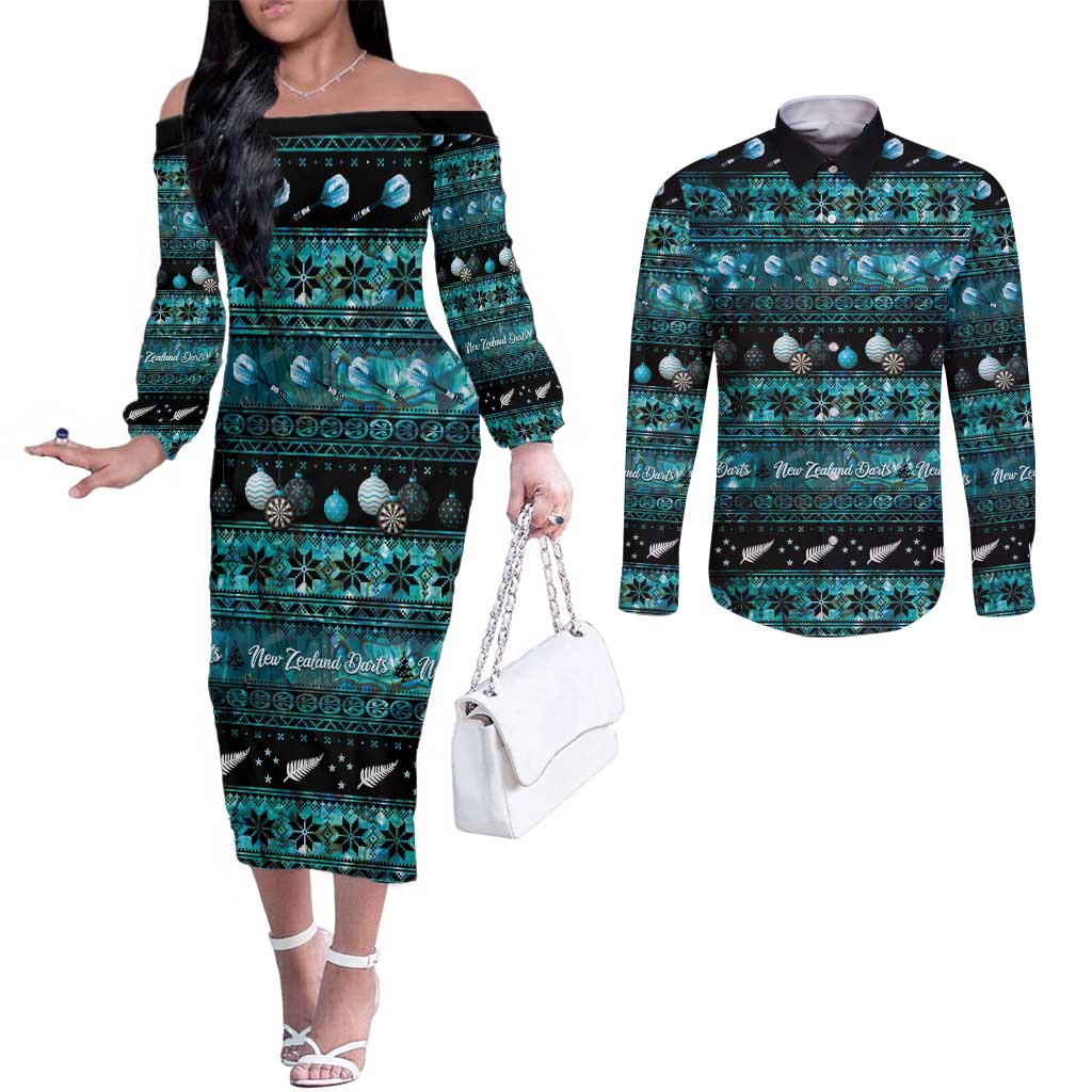 New Zealand Darts Christmas Couples Matching Off The Shoulder Long Sleeve Dress and Long Sleeve Button Shirt Merry Xmas Aotearoa Maori Paua Shell - Polynesian Pride