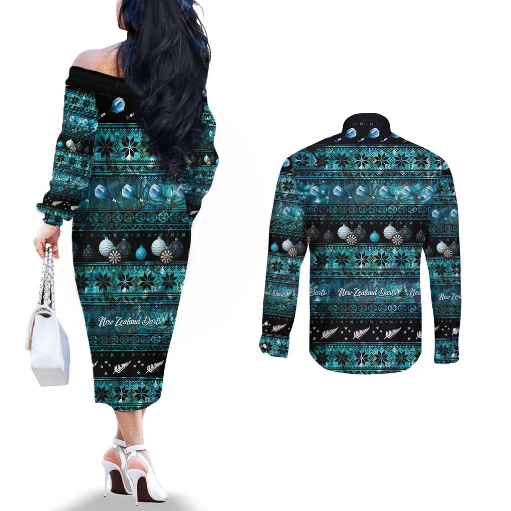 New Zealand Darts Christmas Couples Matching Off The Shoulder Long Sleeve Dress and Long Sleeve Button Shirt Merry Xmas Aotearoa Maori Paua Shell - Polynesian Pride