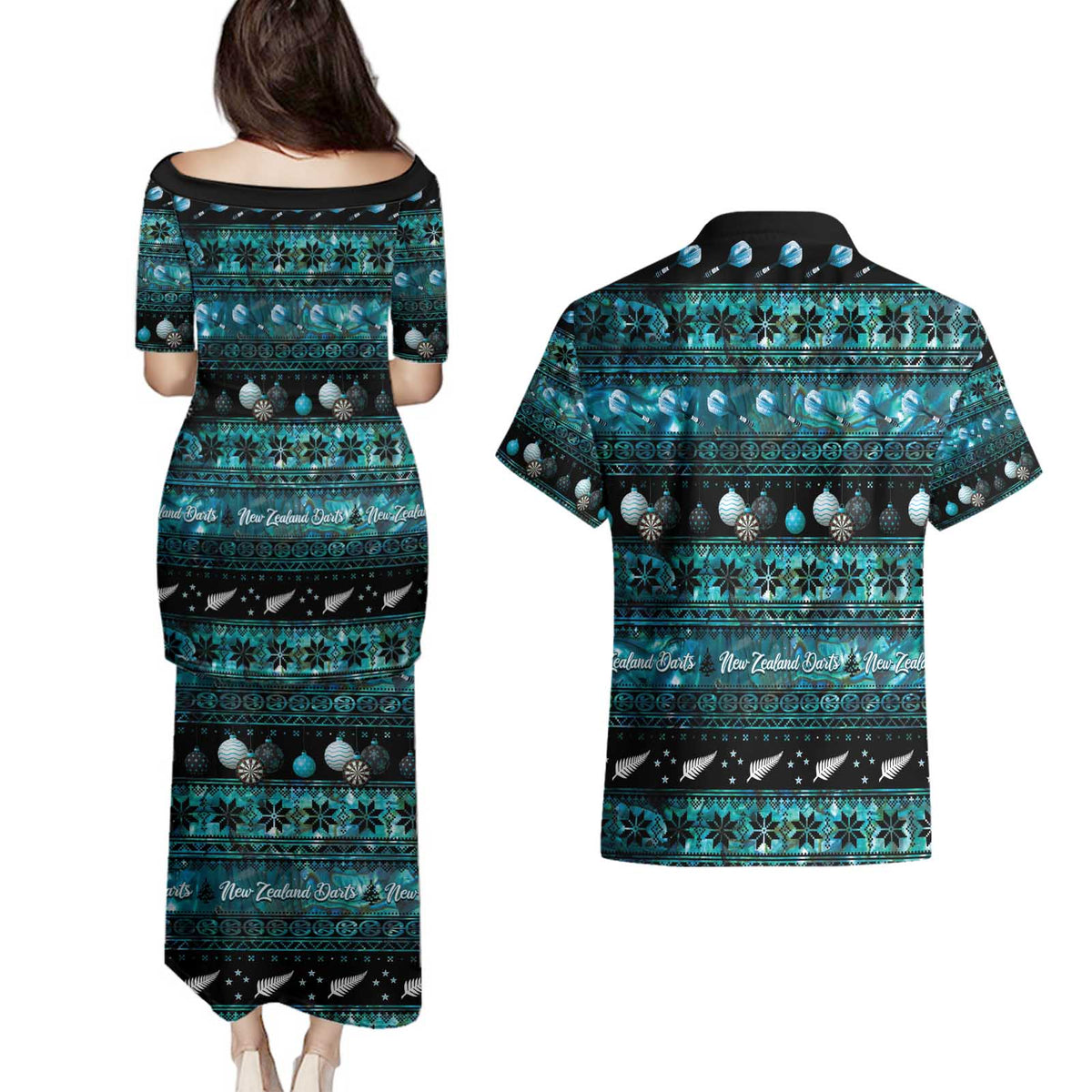 New Zealand Darts Christmas Couples Matching Puletasi and Hawaiian Shirt Merry Xmas Aotearoa Maori Paua Shell - Polynesian Pride