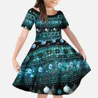 New Zealand Darts Christmas Family Matching Puletasi and Hawaiian Shirt Merry Xmas Aotearoa Maori Paua Shell LT14 Daughter's Dress Cyan - Polynesian Pride
