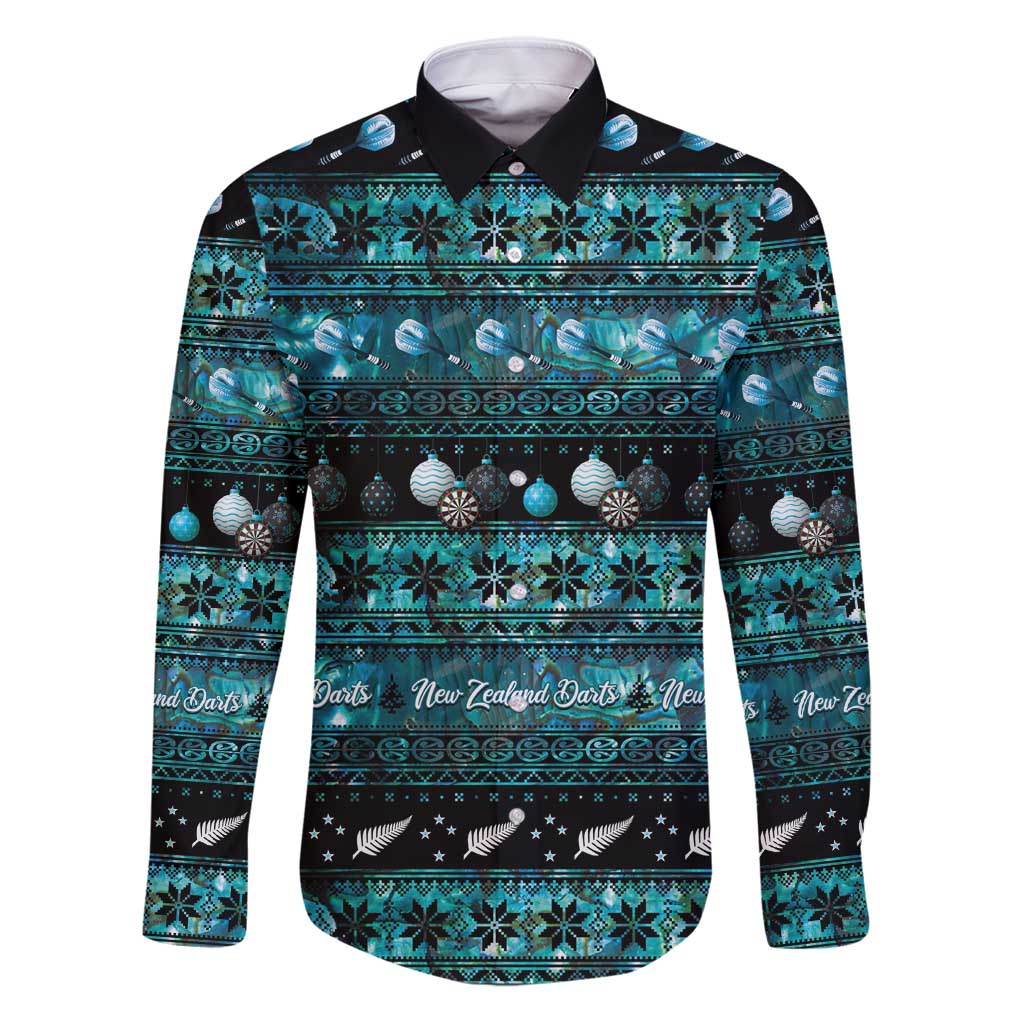 New Zealand Darts Christmas Family Matching Puletasi and Hawaiian Shirt Merry Xmas Aotearoa Maori Paua Shell LT14 Dad's Shirt - Long Sleeve Cyan - Polynesian Pride