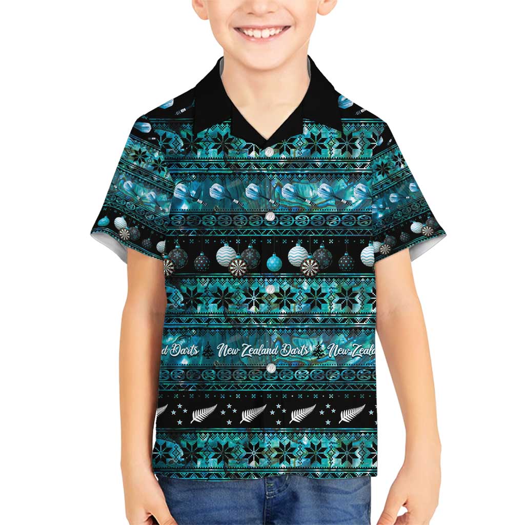 New Zealand Darts Christmas Family Matching Puletasi and Hawaiian Shirt Merry Xmas Aotearoa Maori Paua Shell LT14 Son's Shirt Cyan - Polynesian Pride