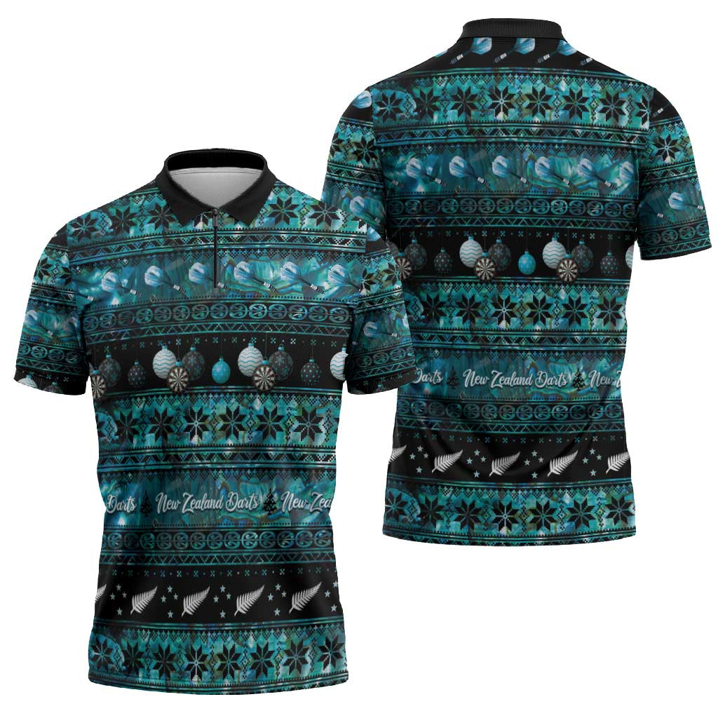 New Zealand Darts Christmas Zipper Polo Shirt Merry Xmas Aotearoa Maori Paua Shell - Polynesian Pride